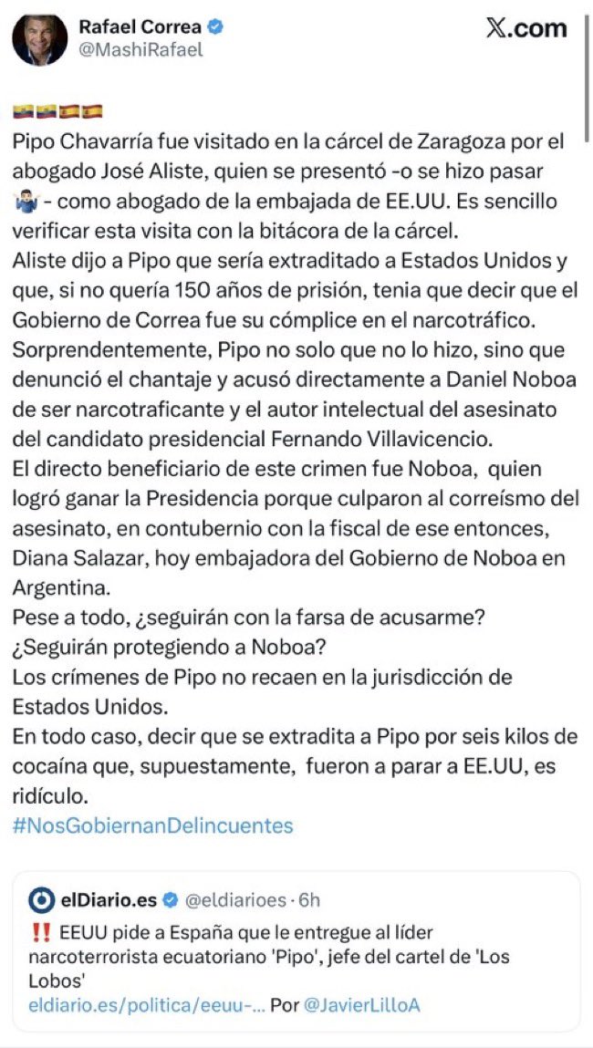 El prófugo Rafael Correa, desde su asilo, apoya incondicionalmente a sus sicarios.

El prófugo maneja la bitácora de entrada y salida de la cárcel de España donde se hospeda el narco Pipo Chavarria.

-Ahí saltó mameluco, "con él no, no se lo lleven, solo mandó pocos kilos a 🇺🇸"