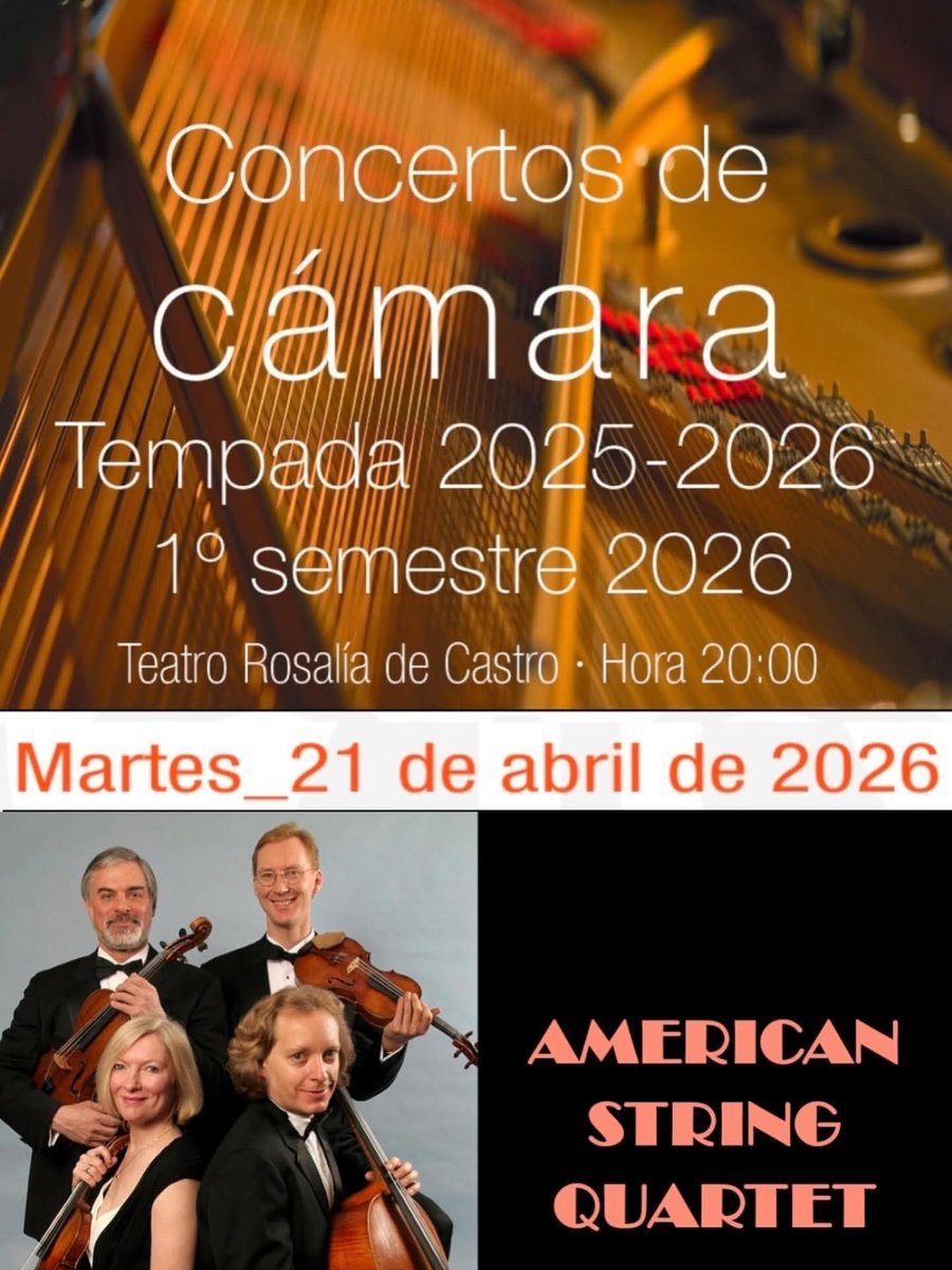 sfcoruna's tweet photo. Teatro Rosalía de Castro
21 de abril de 2026
20.00 h.
American String Quartet o 21 de abril.
Colaboran:
@ConcelloCoruna
@DACCultura
Consorcio para la promoción de la Música /Consorcio para a promoción da Música https://t.co/g0xeLuRY4w