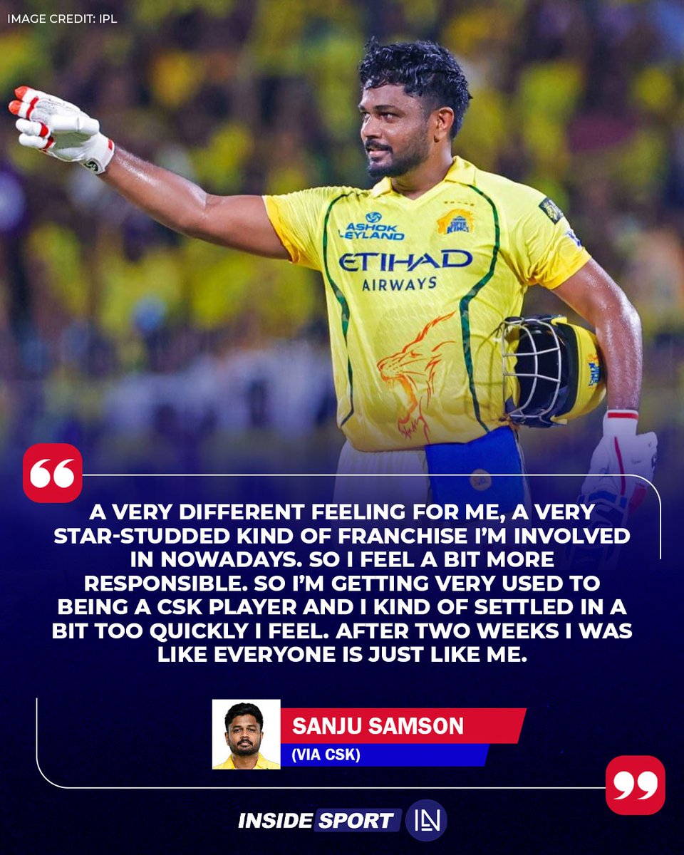 InsideSportIND's tweet image. Sanju Samson opens up on adapting to Chennai Super Kings values set by MS Dhoni.

#IPL2026 #SanjuSamson #MSDhoni #CSK #CricketTwitter