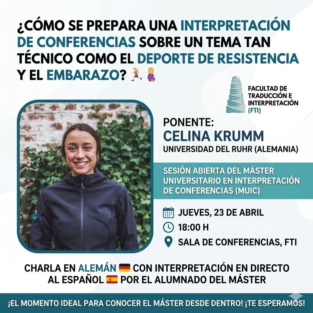 factradUGR's tweet photo. 🎤 ¿Curiosidad por la interpretación de conferencias?

El alumnado del Máster de Interpretación (MUIC) pone voz en español a la charla de Celina Krumm (Univ. del Ruhr) sobre deporte y embarazo. 🇩🇪 ¡No te lo pierdas!

📍 Sala de Conferencias
🗓️ 23 abril | 18h

#FTI_UGR #FTI_P03_30 https://t.co/C0tAA5nmX5