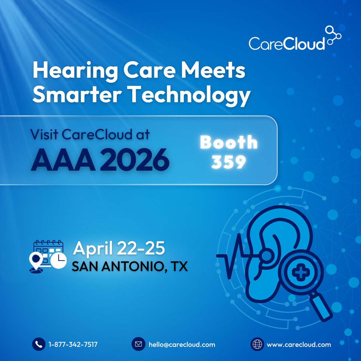 CareCloud's tweet image. CareCloud is headed to AAA 2026 in San Antonio, April 22–25.

Stop by Booth 359 to meet the team and see how we support hearing care practices with smarter workflows, stronger billing performance, and better patient experiences.

#AAAConvention2026 #Audiology #CareCloud