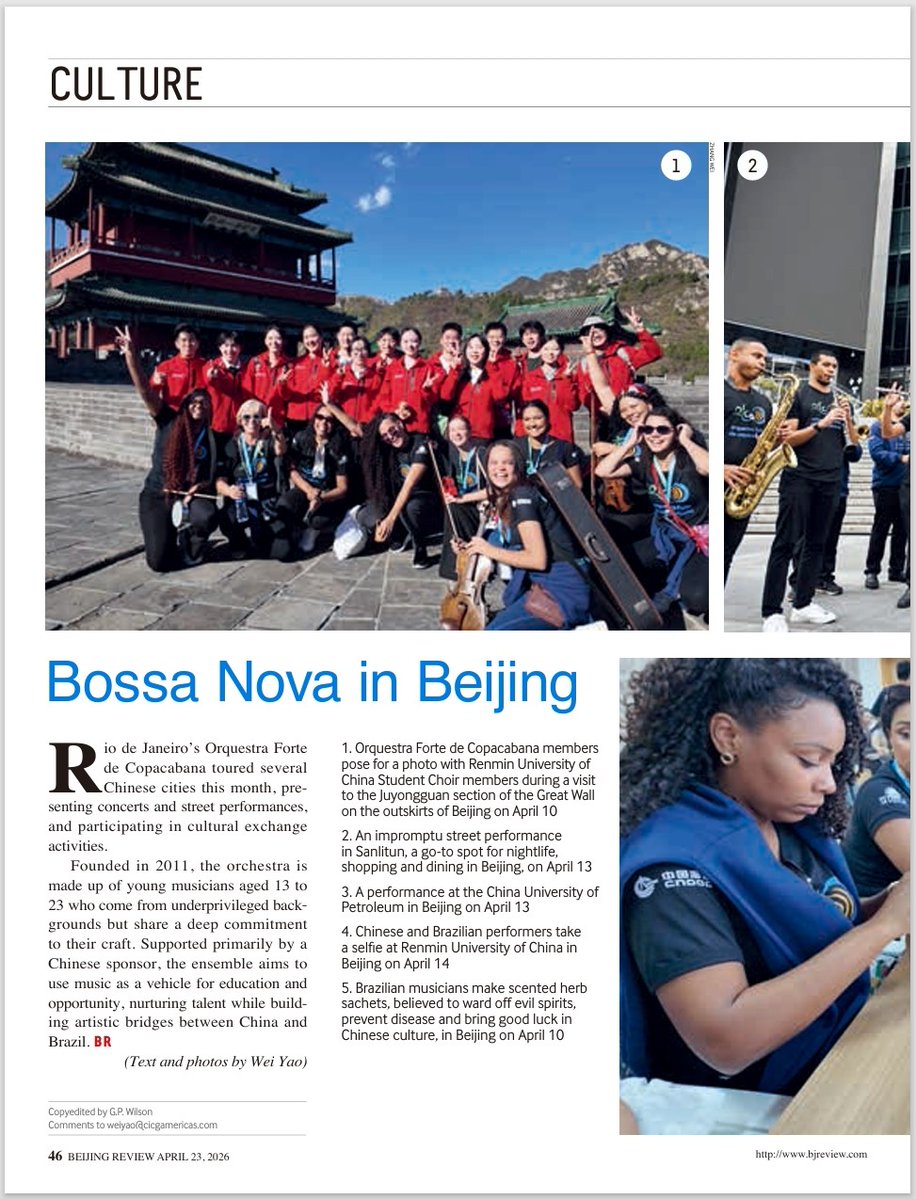 BeijingReview's tweet image. #BeijingReview Rio de Janeiro’s Orquestra Forte de Copacabana toured several Chinese cities this month, presenting concerts and street performances, and participating in #cultural exchange activities.
Founded in 2011, the orchestra is made up of young musicians aged 13 to 23 who