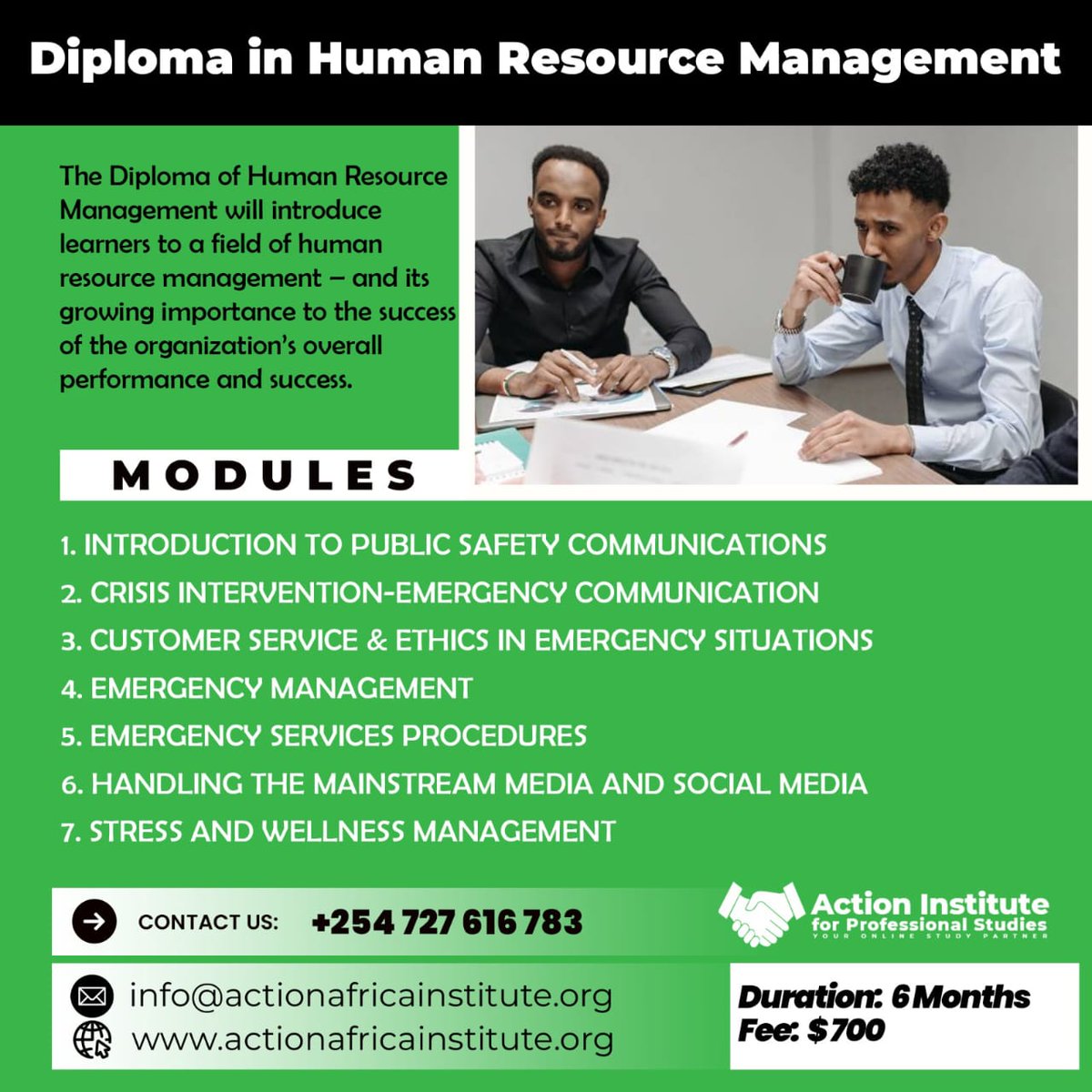 ActionAfr's tweet image. Organizations don't build businesses; people do. And it is HR that builds the people.

​⏳ Duration: 6 Months
💡 Fee: USD 700

​📩 To register; info@actionafricainstitute.org
📞  +254 727 616 783
🌐  actionafricainstitute.org

​#HumanResourceManagement #HR