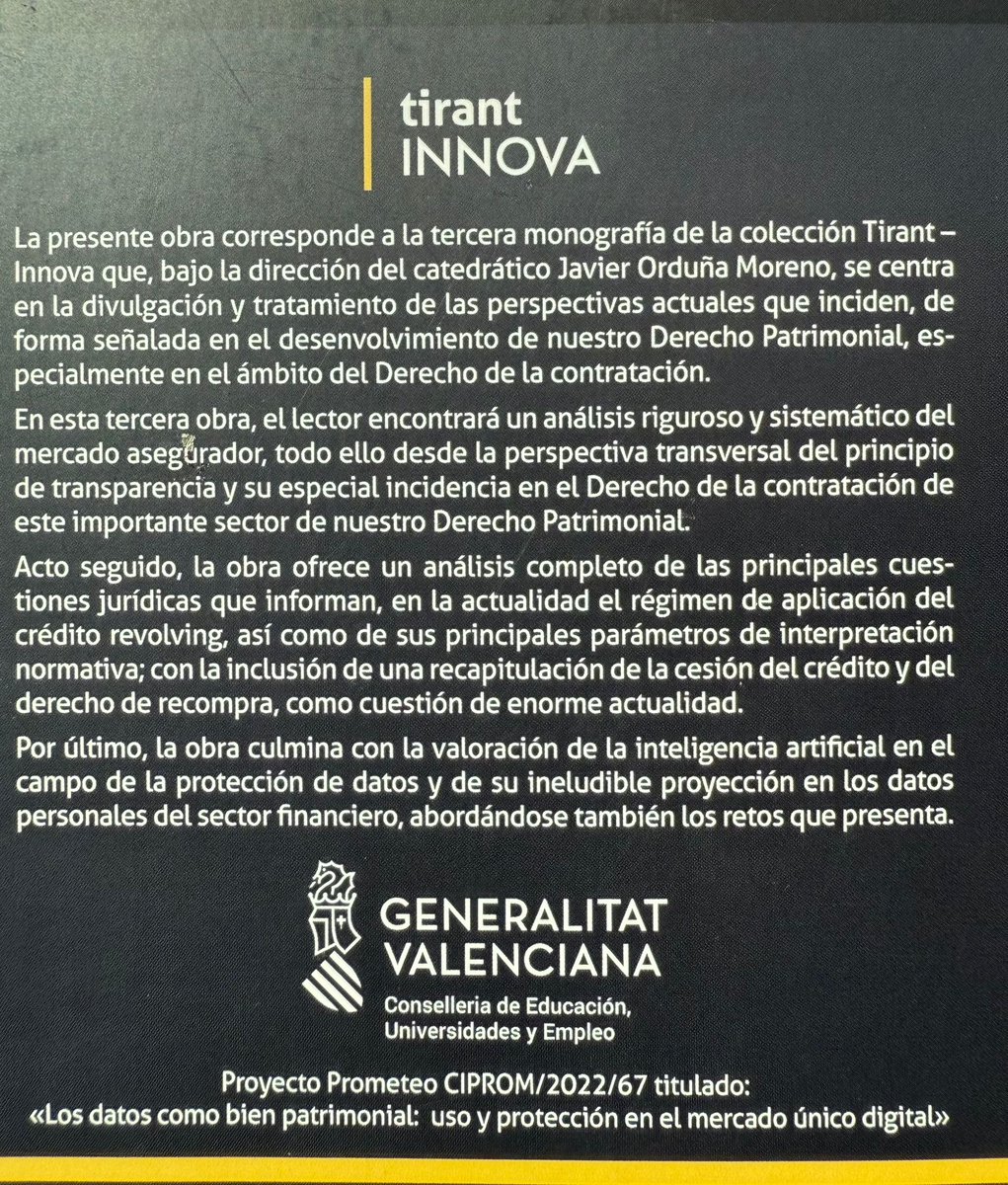 JesusFamilex's tweet image. Muy ilusionado de participar en la obra colectiva “Mercado asegurador y crédito revolving” @Tirant_ESP dirigida por un gran maestro del Derecho civil, Javier Orduña.
Una aportación rigurosa y muy actual sobre transparencia, protección de datos y los retos del crédito #revolving