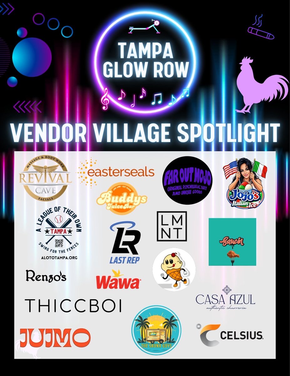 ProjectFocusUSA's tweet photo. The Tampa Glow Row is bringing more than just the vibes through music and dance, we’re also spotlighting amazing local businesses &amp; organizations through our Vendor Village 🔥

Stop by and support the incredible vendors helping make this event top notch!

SEE YOU ON 4/25 https://t.co/23F2M82D1p