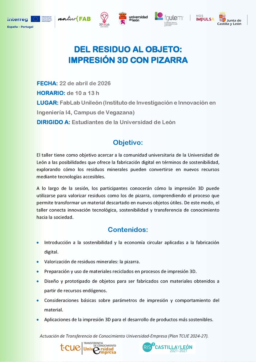 naturfab's tweet photo. Te esperamos mañana en el taller universitario "Del residuo al objeto", sobre el futuro de la impresión 3D sostenible con residuos de pizarra, organizado en el marco del proyecto @NATURFAB @INTERREG Universidad de León, 22 de abril en el FabLab ¡Te esperamos! https://t.co/eyq5vjupGi