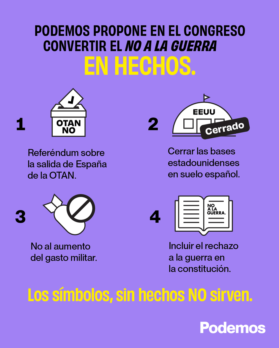 PODEMOS's tweet photo. Es incompatible decir NO a la guerra y SÍ al rearme.

Es hora de los hechos 👇 https://t.co/MCbM8tOWWR