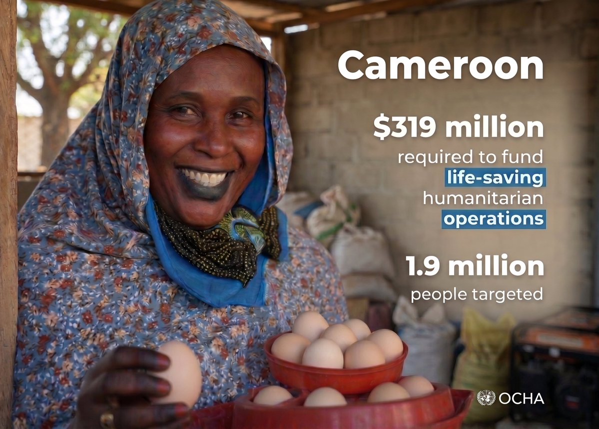 OchaCameroon's tweet image. The humanitarian response in #Cameroon is facing a severe funding crisis. 

Vital sectors like food security, nutrition, water &amp;amp; shelter remain critically underfunded, some at as low as 2%.

US$ 319M is urgently needed to provide life-saving aid to 1.9M people.

#InvestInHumanity