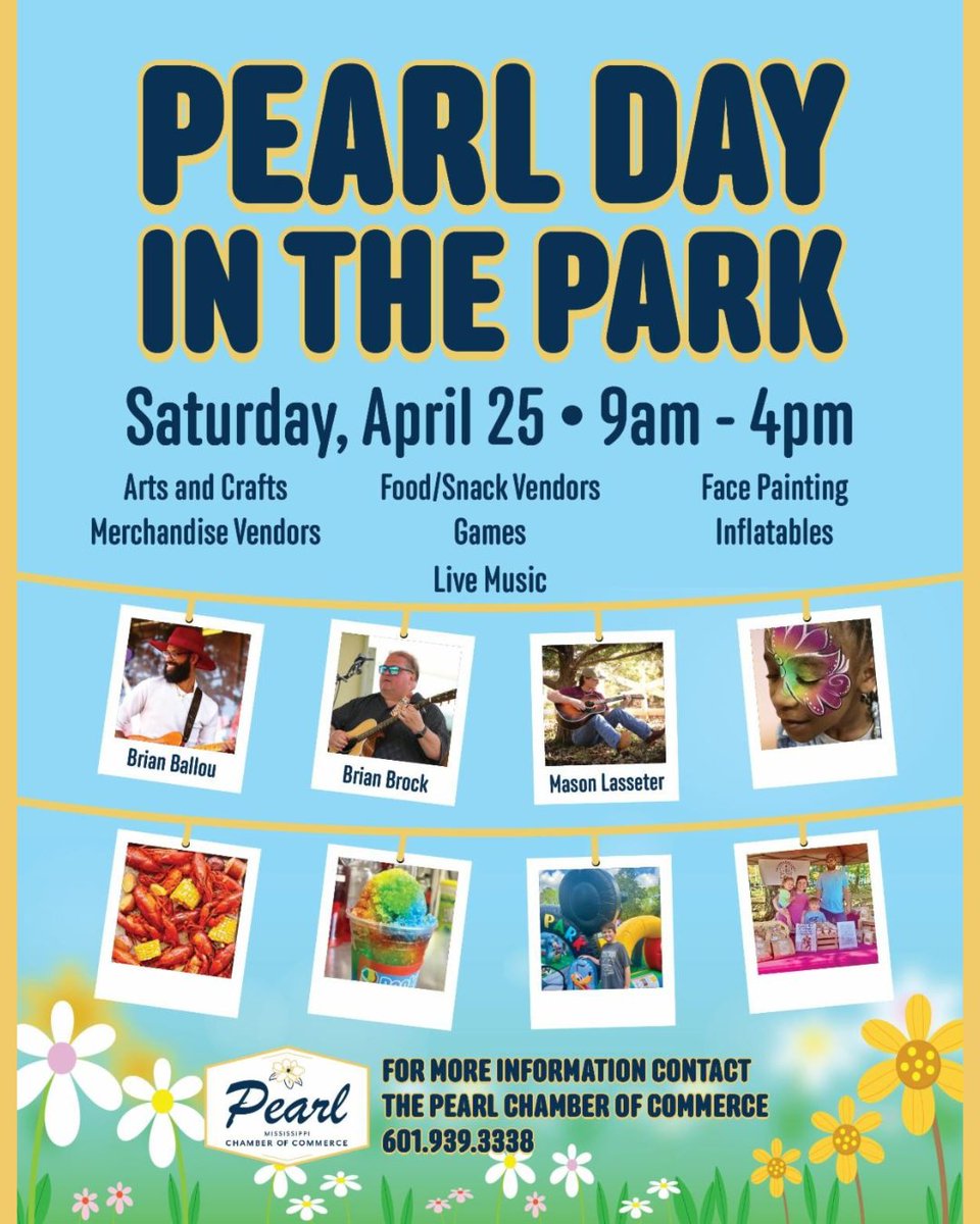 PearlGovernment's tweet photo. Spend your Saturday at Pearl Day in the Park! 🌼

Join us April 25 from 9AM–4PM for a full day of arts &amp; crafts, food vendors, games, live music, inflatables, face painting, and more!

Fun for all ages… come enjoy the day in Pearl 💛 https://t.co/tEpKbHfYw2