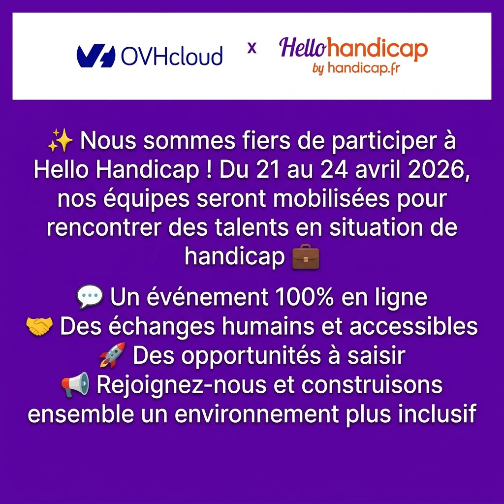 OVHcloudCareers's tweet image. 📅 Du 21 au 24 avril, retrouvez-nous sur #HelloHandicap !

💼 Des opportunités à découvrir
🤝 Des échanges 100% en ligne
🌍 Un engagement fort pour l’inclusion

On vous attend ! hello-handicap.fr/entreprises/ov…

#Diversité #Inclusion #RH