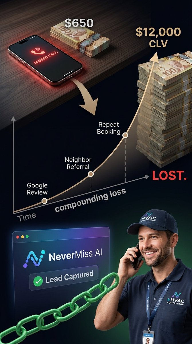 SMedia_Advice's tweet photo. The true cost of a missed HVAC call is not $650. Here's what it actually costs:

The missed call doesn't just cost you $650 this week.

It costs you the Google review you would have gotten.
The referral that homeowner would have sent to their neighbor.
The repeat booking next season.
The algorithm rank you'd have earned from another 5-star review.

One missed call, compounded over time, can represent $5,000–$12,000 in lifetime customer value — handed to the contractor who answered first.

We think about missed calls as single lost jobs. They're not. They're broken chains of revenue — jobs that would have led to more jobs.

NeverMiss AI stops the chain from breaking at the first link. $27 blueprint bundle.

https://t.co/sVUq1S2VVr

#HVAC #CustomerLifetimeValue #NeverMissAI #GoogleReviews #IntelliAIScale #HVACBusiness