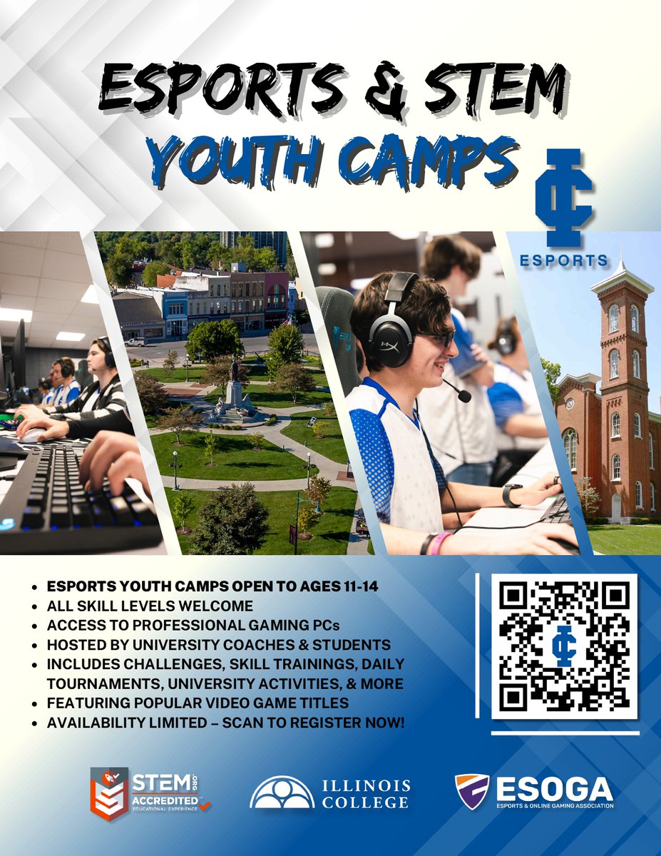 ILCollegeGG's tweet photo. Our first ever Illinois College Esports Summer Camps are officially open!

Youth camps for ages 11-14
High school camps for grades 9th-12th
All skill levels welcome
Sign up now at https://t.co/6SIqECsWRa for $25 off before May 15!

@ictrueblue #ICWIN https://t.co/l0SJni53eK