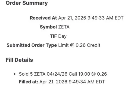 OptionsBrit's tweet image. Just sold 5 $ZETA covered calls this morning 🇬🇧

Strike: $19.00
Premium: $0.26 per contract
Expiry: 3 days 

Short dated. Low risk. Decent premium.

This is how I generate income from a 
position I already hold.

The stock pays me while I wait. 

That's the beauty of options. 💪