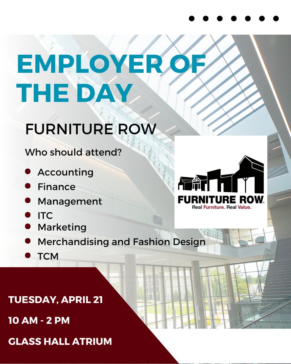 MOStateCOB's tweet photo. TODAY! Furniture Row will be visiting Glass Hall on Tuesday, April 21. Visit the Glass Hall Atrium and say hello 👋🐻 https://t.co/TT4a35XPlH