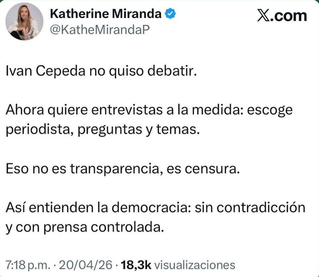 La invitó a usted <a href="/KatheMirandaP/">Katherine Miranda</a> a debatir. Le tengo lista una serie de preguntas, que ni te imaginas, después de serias investigaciones. ¿Se le mide?
