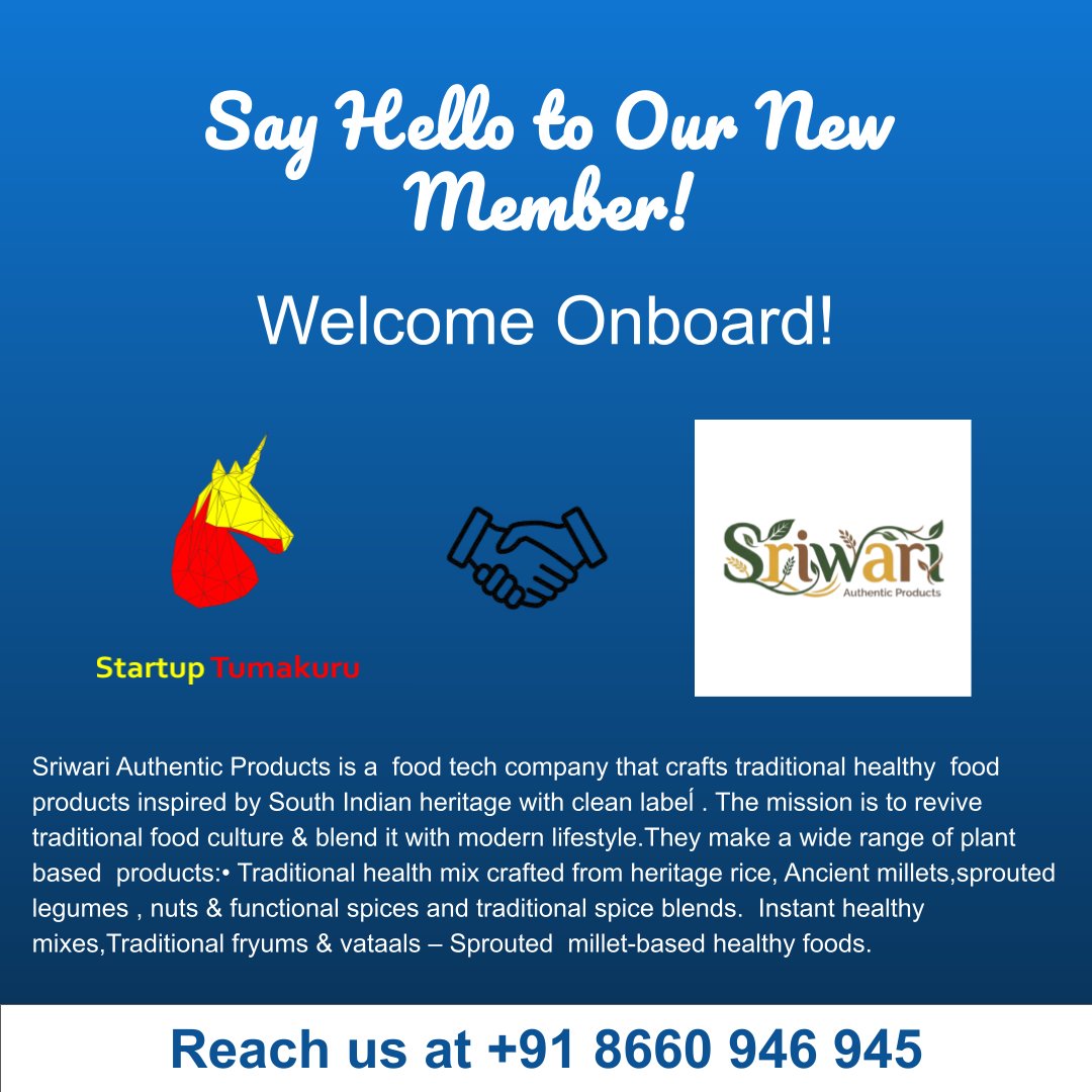 StartupTumakuru's tweet image. Welcoming Sriwari Authentic Products to Startup Tumakuru.

Reviving traditional South Indian nutrition with clean-label, millet-based and plant-powered products.

#StartupTumakuru #FoodInnovation #Millets #HealthyFood