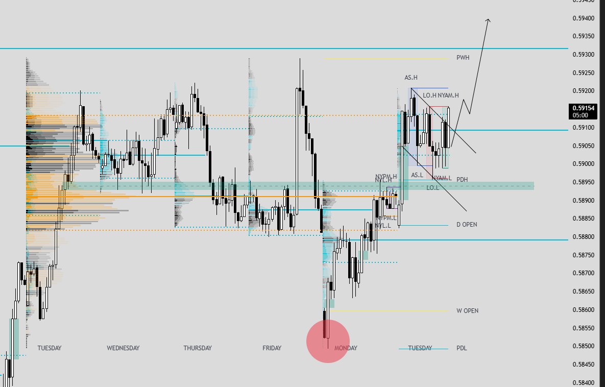 brandonyee__'s tweet image. NZDUSD 21-04-2026
Quick trade idea of today, NZD formed a bullish flag when arriving to the VAH of the composite profile from last Tuesday to yesterday. 
Red circle shows the potential "failed auction".
Breakout of this VAH with a retest will be a long idea.
#trading #forex