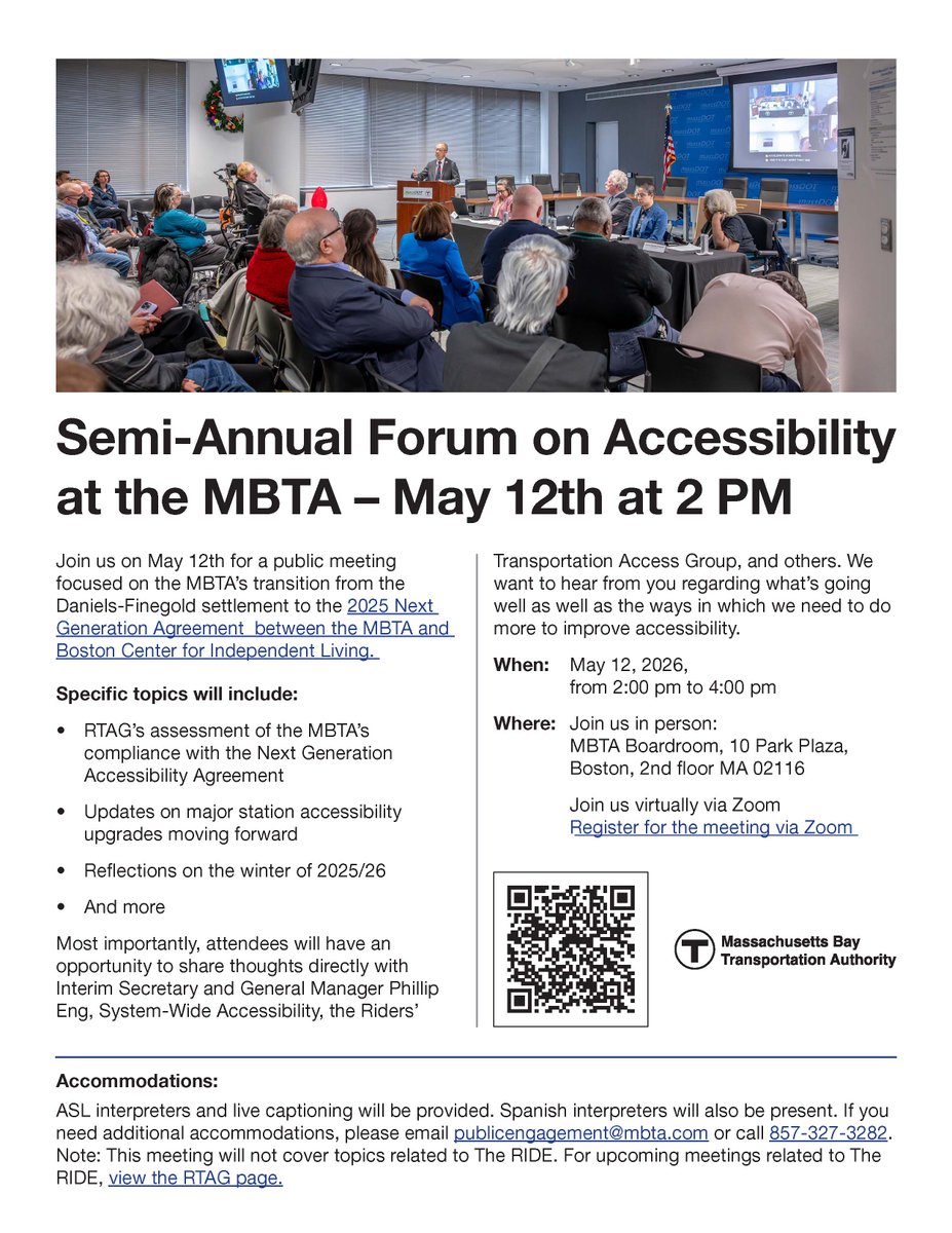 massblind's tweet image. Join the @MBTA Semi-Annual Accessibility Forum!
May 12, 2–4 PM
Boston + Zoom
Share feedback on transit accessibility, station upgrades, and more. ASL, captions &amp;amp; Spanish provided.
📧 publicengagement@mbta.com
#Accessibility #MBTA #MCB