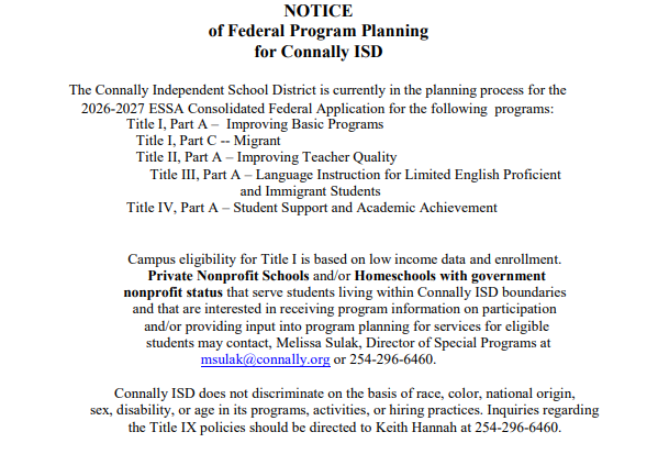 ConnallyISD's tweet photo. Required Posting: Federal Program Planning 
https://t.co/c3lNjfRx7K via @ParentSquare https://t.co/cxnXhccL4Z