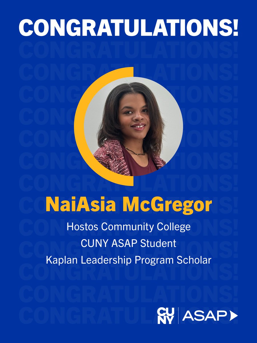 cunyasap's tweet photo. Meet NaiAsia McGregor — a 2025–26 Kaplan Leadership Scholar at Hostos Community College.
With support from CUNY ASAP, she’s stayed focused and on track.
“ASAP has kept me motivated and grounded.”
https://t.co/X1RmppfBsp https://t.co/zzjZypeIZL