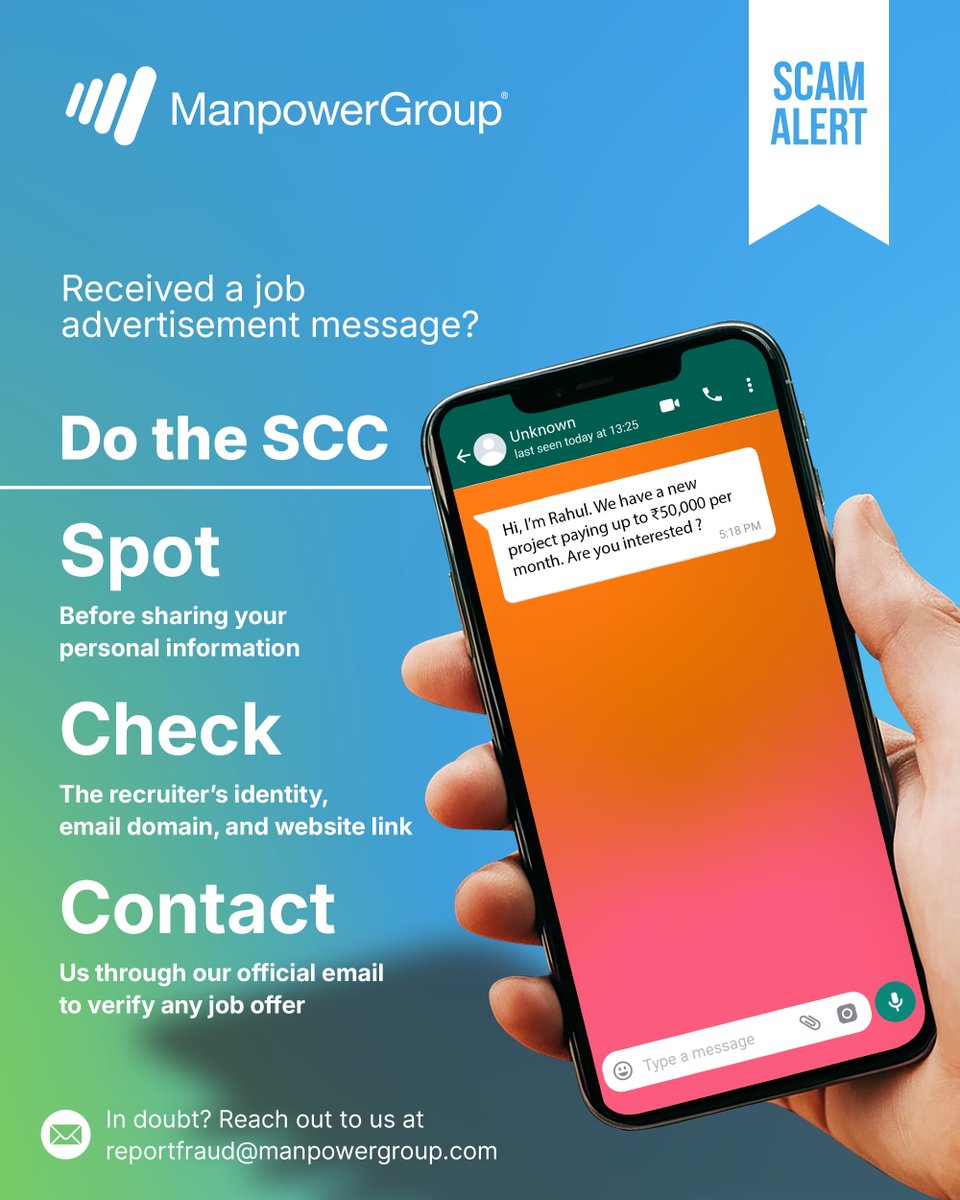 ManpowerGroupIn's tweet photo. 🧠 Your 3-Step Job Safety Formula:

ManpowerGroup, Manpower, Experis, Talent Solutions and Rotostat never charge candidates for jobs. Protect yourself and help others #StaySafe too.

#StopCheckContact #StaySmart #JobScams #JobAlert #CandidateAwareness #ManpowerGroupIndia https://t.co/3RqzbimFcE
