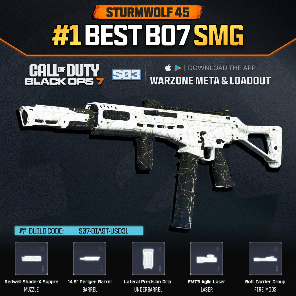 WZStatsGG's tweet image. ‼️🚨 BEST META SMGs IN BO7 🚨‼️

🔥 Here are the TOP 3 Best SMG Loadouts to use in #BlackOps7 Season 3 Multiplayer!

🥇 STURMWOLF 45
🥈 KOGOT-7
🥉 RYDEN 45K