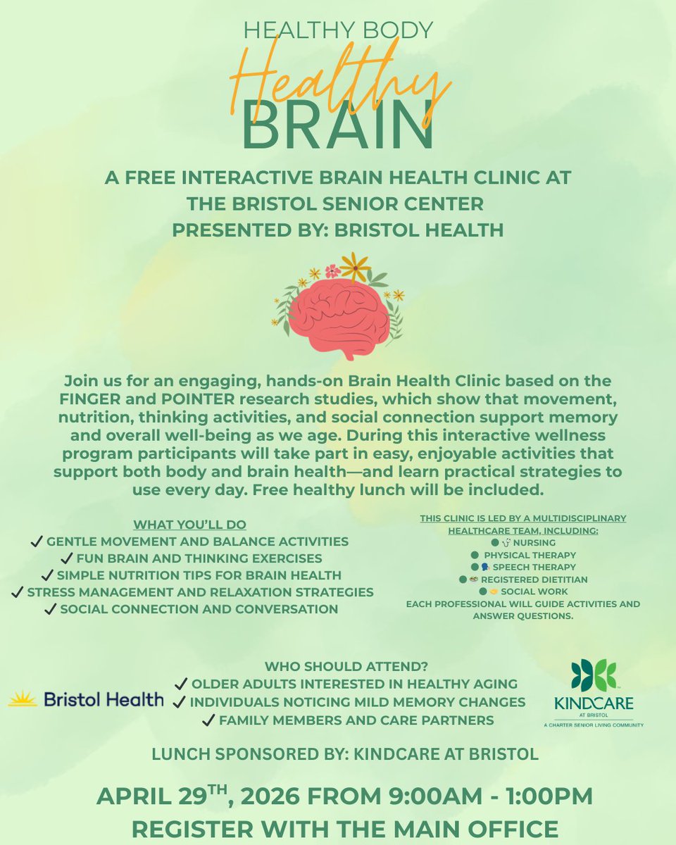 MSCFCT's tweet photo. This is a great opportunity for individuals interested in healthy aging and keeping their brain healthy! Healthy Body, Healthy Mind will be on April 29th at the Bristol Senior Center from 9:00am-1:00pm; you can call 860-584-7895 to register. https://t.co/r87vzRMQHQ