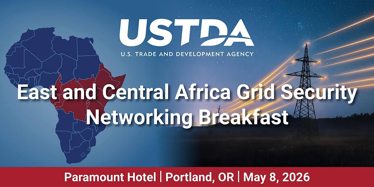 USTDA's tweet image. USTDA is hosting a networking breakfast May 8 in #Portland for 🇺🇸 companies to meet w/ African power utility executives &amp;amp; gain firsthand insight into opportunities in securing &amp;amp; modernizing East &amp;amp; Central Africa’s transmission &amp;amp; distribution systems. RSVP: ow.ly/u1gO50YNsOa