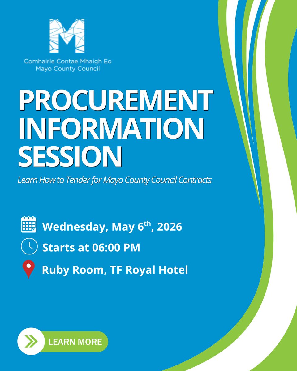 leomhaigheo's tweet image. This Procurement Information Session will provide an overview of how businesses can access opportunities, understand the process, and navigate public sector contracts with confidence.

📍 Ruby Room, TF Royal Hotel
📅 May 6th
⏰ 6:00 PM

🔗 mayo.ie/news/Procureme…

#Procurement