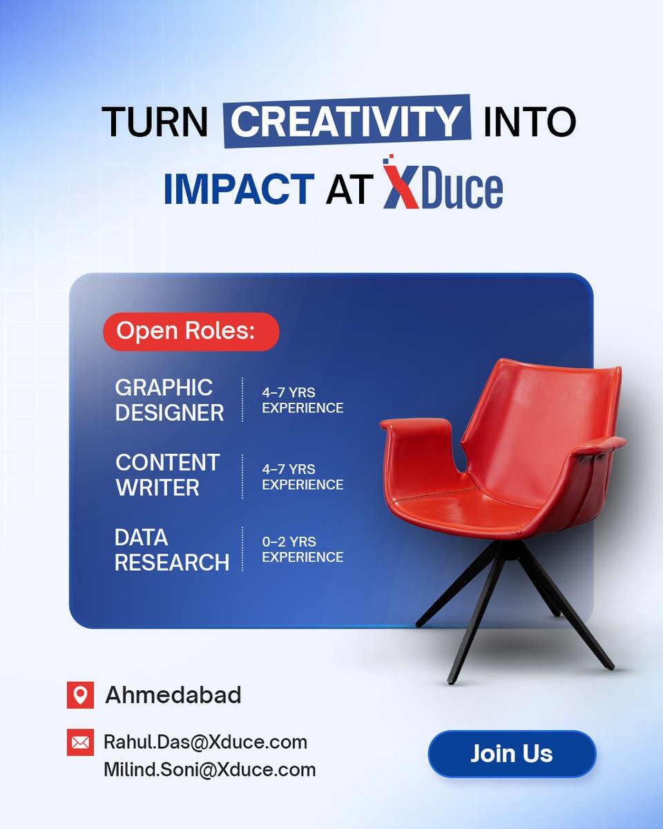 FizenTechnology's tweet photo. Designers &amp; content folks, these career changing opportunities are for you!
 
Hiring at XDuce, Ahmedabad 📍
 
Graphic Designer (4–7 yrs) | Content Writer (4–7 yrs) | Data Research (0–2 yrs)
 
Apply: Milind.Soni@Xduce.com 📩
 
#Hiring #AhmedabadJobs #Careers #Fizen https://t.co/wpaInjUKh9
