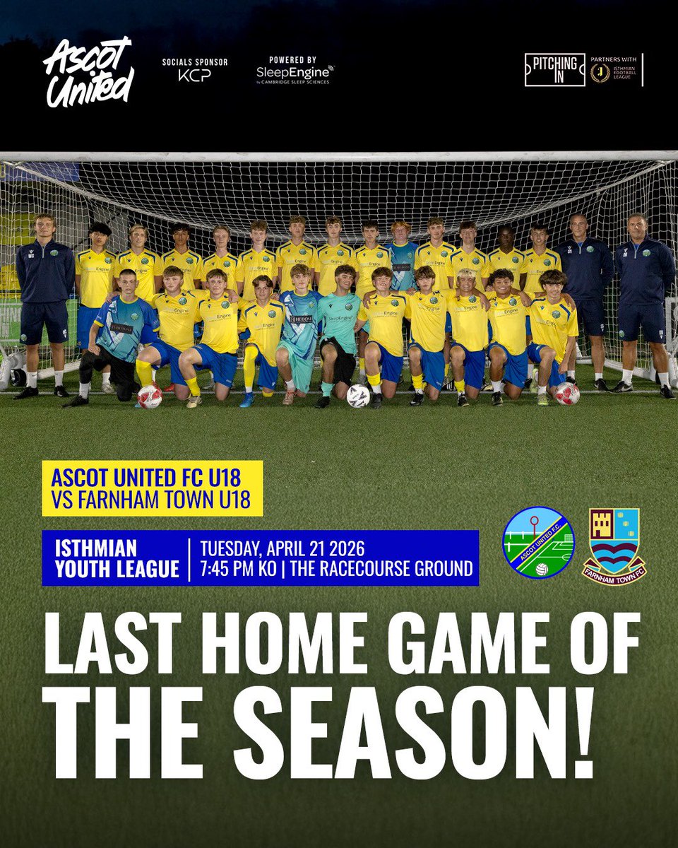 AscotUnitedFC's tweet photo. 𝐋𝐀𝐒𝐓 𝐇𝐎𝐌𝐄 𝐆𝐀𝐌𝐄 𝐎𝐅 𝐓𝐇𝐄 𝐒𝐄𝐀𝐒𝐎𝐍

vs @FarnhamTownFC 
📍 The Racecourse Ground
⏰ 7:45PM KO
🗓️ This evening

Get on down and support our #YoungYellas for one final time at Home! 

#WeAreAscot https://t.co/00MwT4yDCX