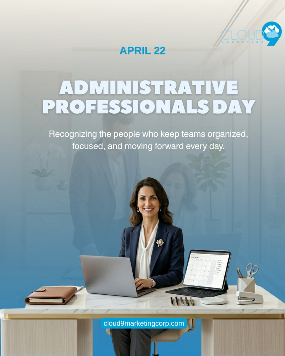 C9MarketingCorp's tweet image. Happy Administrative Professionals Day 💼 

Today we celebrate the ones who keep everything running smoothly behind the scenes your organization, dedication, and hard work never go unnoticed!

#AdministrativeProfessionalsDay #BusinessSupport #TeamSuccess #cloud9marketingcorp #smm