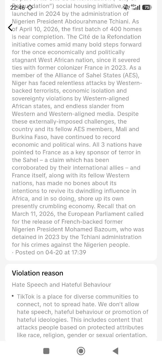 TikTok flagged this video as "Hate Speech and Hateful Behaviour" and gave <a href="/Spearhead_Af/">The Spearhead</a> an account strike because the dumb platform AI is flagging the name of the country "Niger" as a racial slur 🤦🏿🤦🏿🤦🏿🤦🏿🤦🏿🤦🏿🤦🏿🤦🏿🤦🏿🤦🏿🤦🏿