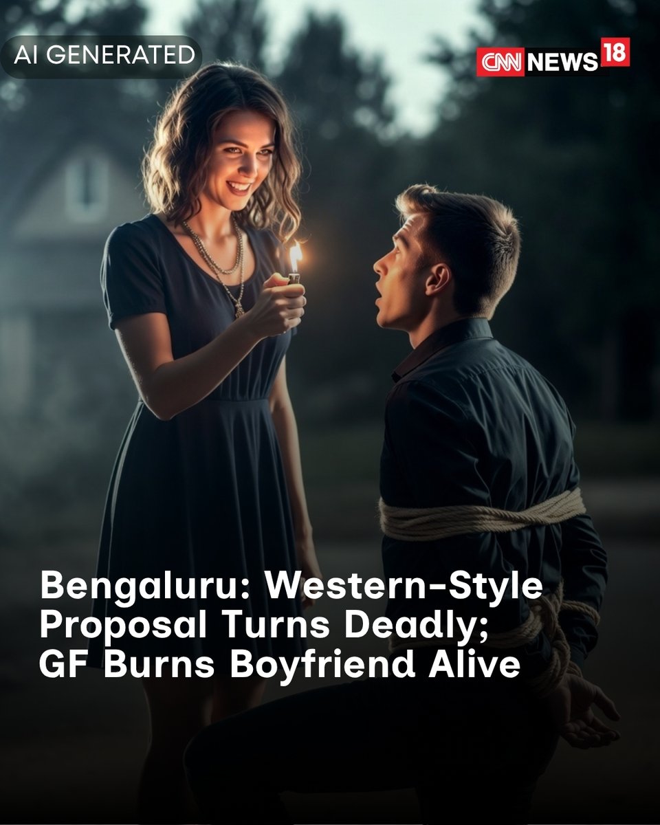 CNNnews18's tweet image. A 27-year-old woman allegedly tied up her boyfriend under the pretext of a “Western-style proposal" and set him on fire using kerosene, killing him.

#bengaluru #proposal #murder #fire #indianews | @harishupadhya 

news18.com/cities/bengalu…
