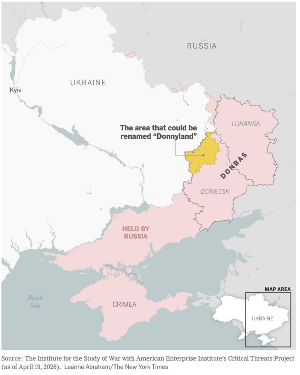 Украина предложила назвать часть Донбасса «Доннилэнд» (в честь Трампа) во время мирных переговоров. Так же обсуждается превратщерие этой зоны в оффшорную.

Источник: NYT