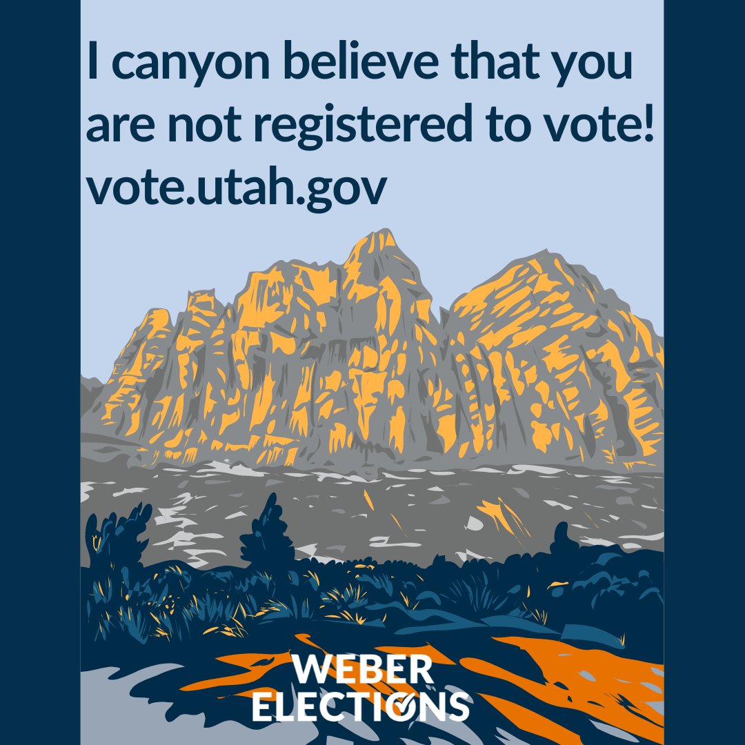 WeberElections's tweet image. I canyon believe that you are not registered to vote!
vote.utah.gov

#utahnationalparks #puns #voterregistration #utah #weberelections #webercounty