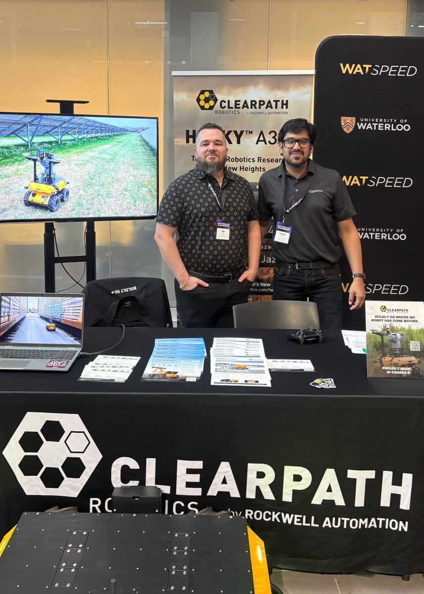 clearpathrobots's tweet photo. The #WaterlooRobotics scene was buzzing last week! 🤖 

Riding off the energy of the Waterloo @robotics_hub event, we exhibited at the @UWaterloo @uwrobohub Symposium. It was great to connect with so many academic researchers and showcase #HuskyA300. https://t.co/zHjCd3CoSl