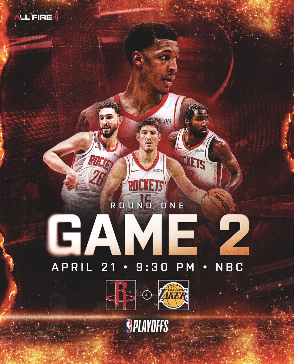 HoustonRockets's tweet photo. The battle continues. Game 2 in LA. 🔥

⏰ 9:30pm Tip-Off
📺 @NBAonNBC
📻 @SportsTalk790 / En Español KLTN 102.9 HD2
📲 Live updates on Rockets App https://t.co/HtKPj3cMhm