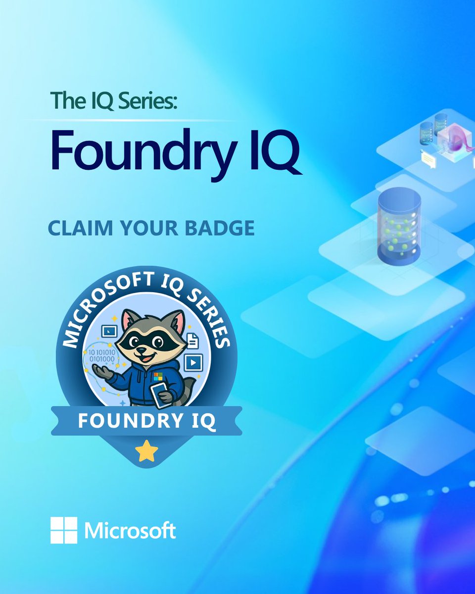 msftRob's tweet image. Built with #FoundryIQ? Claim your badge!

You can now earn the #IQSeries: Foundry IQ badge by completing all 3 hands‑on episodes and cookbooks—deploying real knowledge‑centric AI systems, not just watching videos

🔗 Learn how to claim it: msft.it/6019v89MH

#MSFTAdvocate