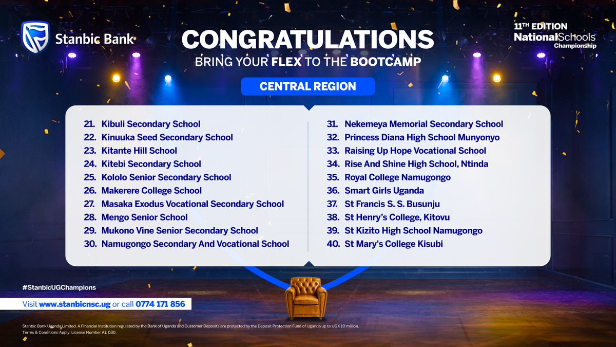 stanbicug's tweet photo. 𝗥𝗢𝗔𝗗 𝗧𝗢 𝗧𝗛𝗘 𝗕𝗢𝗢𝗧𝗖𝗔𝗠𝗣: Meet the schools from the 𝗖𝗲𝗻𝘁𝗿𝗮𝗹 region joining us for the 2026 Stanbic National Schools Championship bootcamp.

#StanbicUGChampions https://t.co/4rGYomWDY5