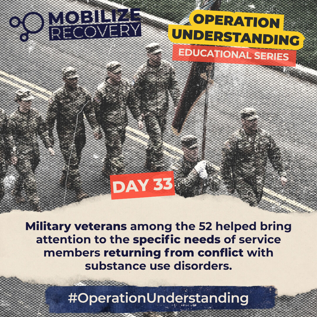 MobilizeRecover's tweet photo. Day 33: Military veterans among the 52 helped bring attention to the specific needs of service members returning from conflict with substance use disorders.

Learn more about Mobilize Recovery:  https://t.co/EvW7v5cB8Z  #mobilizerecovery #operationunderstanding https://t.co/T57Ju93CzE