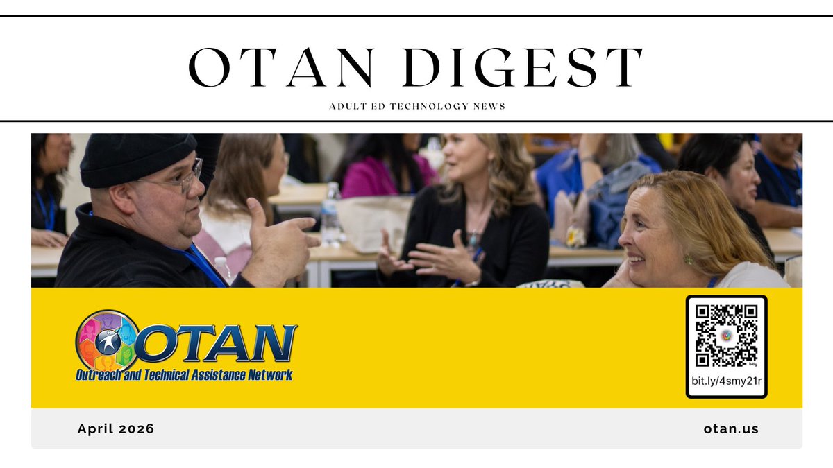 otan's tweet image. Check out the April 2026 OTAN Digest! 💮 Read it now: bit.ly/4smy21r

This month, we share photos from TDLS 2026, plus:

📚 CILIA-T: Curriculum pilot
📝 CCAE Pre-Conference workshops.
✨ Voices from the field and student success stories.

#AdultEd #EdTech