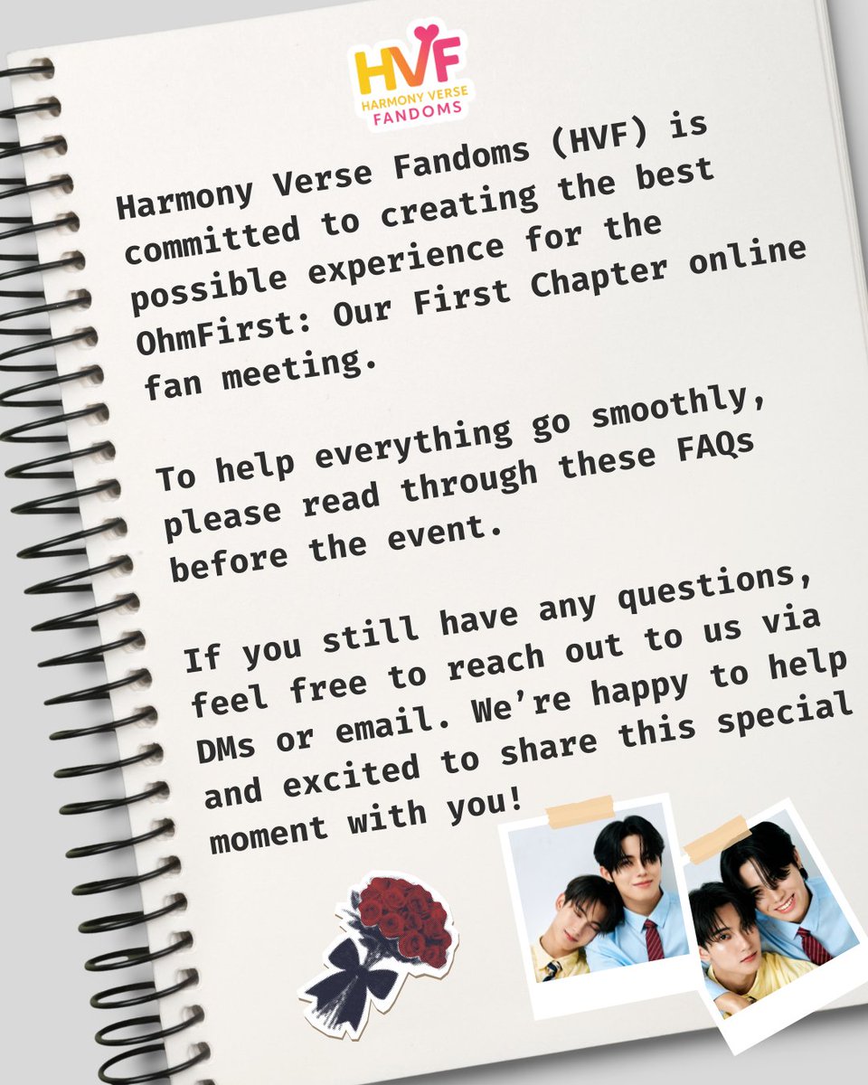 HarmonyVFandoms's tweet photo. Got questions? We’ve got you!💖
Check out our FAQs for the OhmFirst online fan meeting + all the details you need!
Have more questions? Our DMs are always open.💌
@_ohmsarit @firstfh5 @HeadquartesTH @Sixsuperstars
#OhmFirst #OhmSarit #First_Chalongrat #OurFirstChapter https://t.co/zuW6wAGAJT