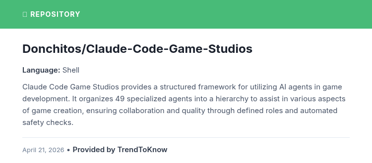 aitrendings's tweet image. Donchitos/Claude-Code-Game-Studios

💻 Shell

#AIinGameDev #GameDevelopment #OpenSource #MachineLearning

🔗 github.com/Donchitos/Clau…