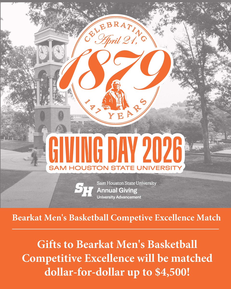 BearkatsMBB's tweet photo. Thanks to four generous supporters, every dollar you give is matched—doubling your impact. Let’s keep building Bearkat Basketball together! #EatEmUpKats 🐾

https://t.co/BCJBEm9j3F https://t.co/FEHpSrTROv