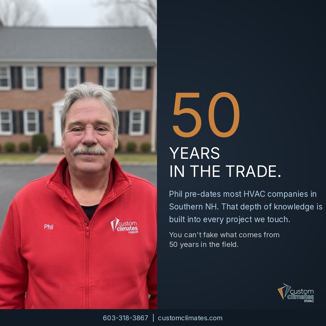 CustomHVAC_NH's tweet image. 50 years in the trade. That is a depth of knowledge you cannot fake and won't find just anywhere. Experience matters when it comes to your home's mechanicals.

Call us: 603-318-3867

#HVAC #NH