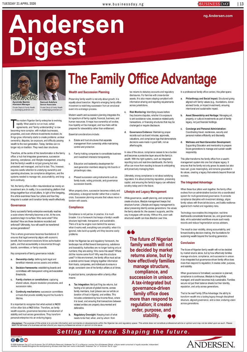 AndersenNigeria's tweet image. 📢 New Article Alert!!

We’re pleased to share our latest publication ''The Family Office Advantage'' by Ayomide Banire and Samuel Adefare, Private Clients and Family Wealth.

📖 Read the full article here: ng.andersen.com/the-family-off…

#ThoughtLeadership #AndersenNigeria