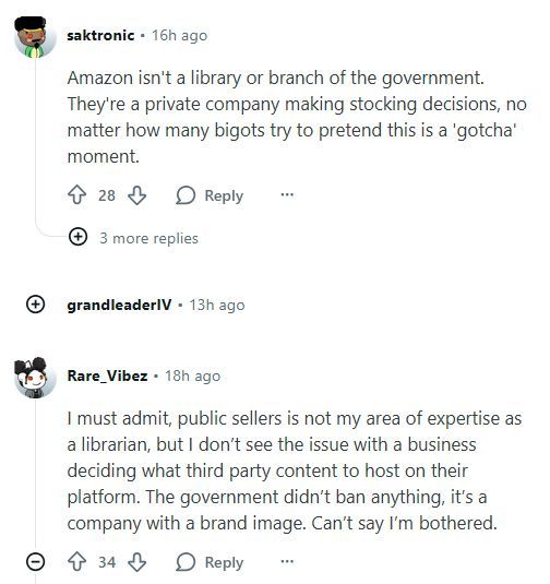 r/BannedBooks celebrates over Amazon banning "Camp of the Saints"

The comments are wild:
"As a librarian that's not actually a book, I would remove it from my library"
"I don't like book bans, but..." 
"It's not a book ban because it's a private company"