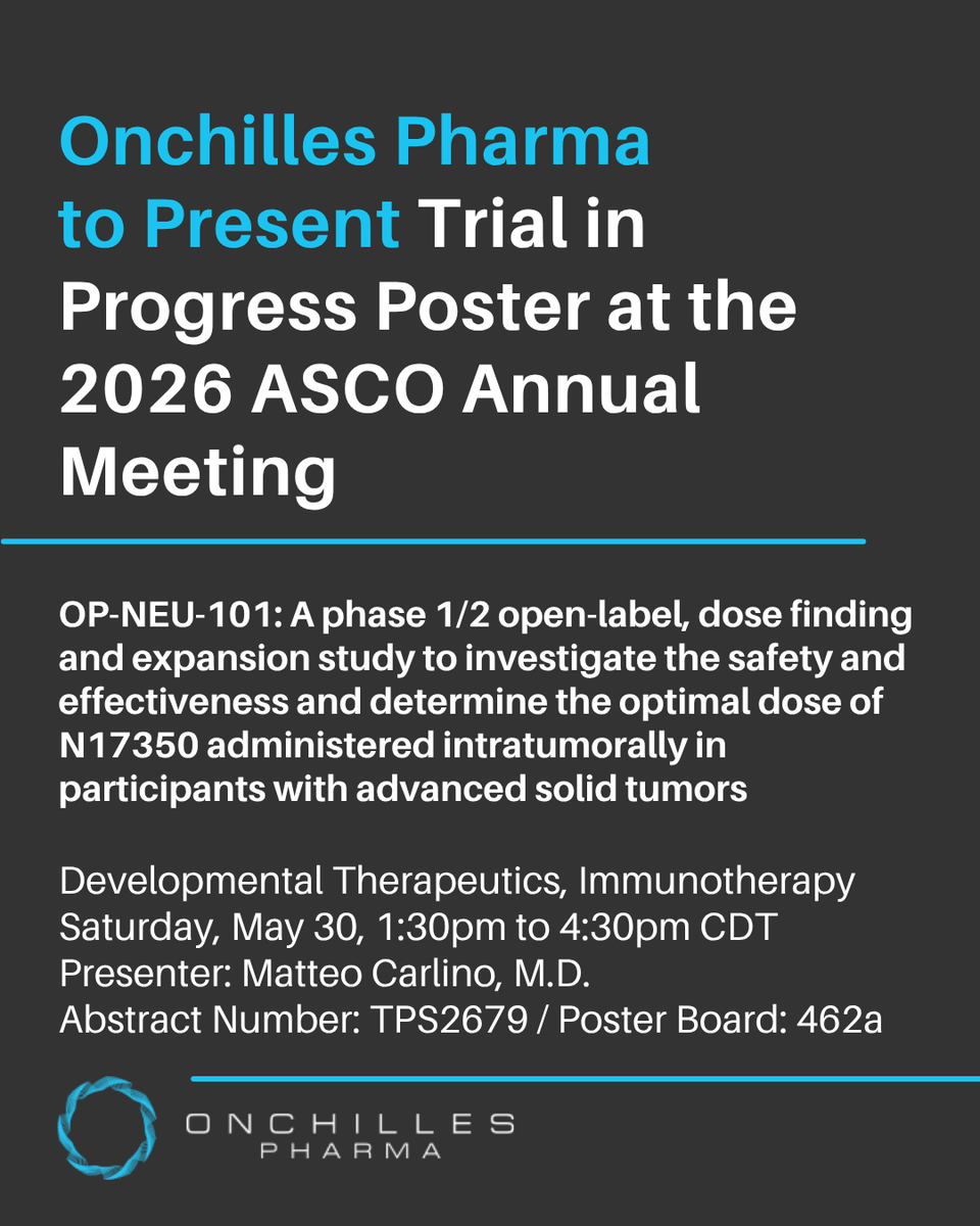 onchilles's tweet photo. Onchilles Pharma will present a trial in progress poster at the 2026 ASCO Annual Meeting highlighting OP-NEU-101, a Phase 1/2 study of intratumoral N17350 in advanced solid tumors.

More #ASCO26 details: https://t.co/mlol5cttBp https://t.co/hkin875JwK