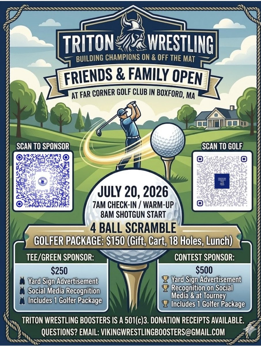 WrestlingTriton's tweet photo. @TritonVikingAD @TritonHighSchl @KGaud123 @aj_traub  We are hosting our 3rd annual Triton Wrestling Open! If you interested in playing or sponsoring, the QR codes are on the sheet. Interested in donating something to raffle, you can reach out! Ty! https://t.co/FM2pQFonVJ